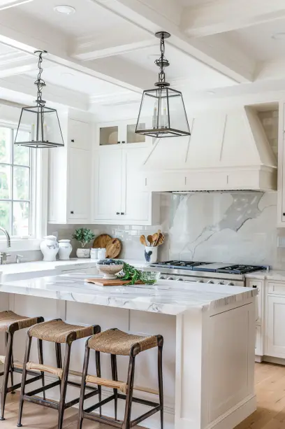 Bright modern kitchen, white cabinets, marble countertops, stainless steel appliances, kitchen island, natural light, cozy atmosphere
