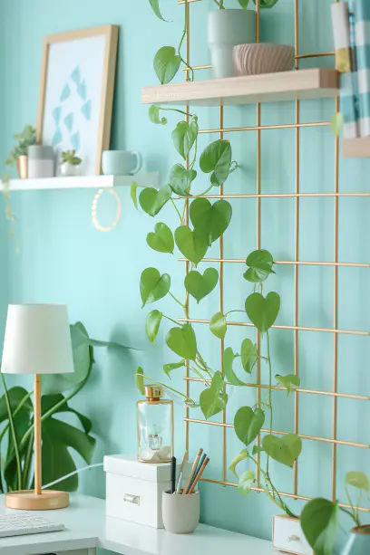Chic home office with a Pothos plant climbing a gold trellis, sleek white desk, ergonomic chair, and warm diffused lighting.-