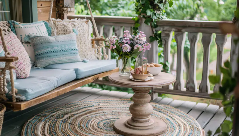 Close-up of a cozy, rustic front porch