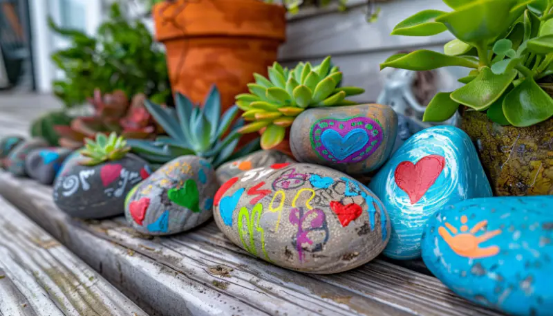 Close-up of a front porch painted rock garden featuring hand-painted rocks with inspirational messages and colorful designs, surrounded by small plants