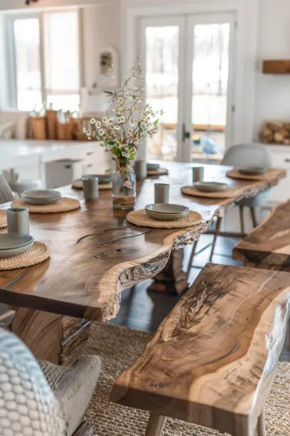 Close-up of a live edge dining table and matching bench, highlighting the natural wood grain and textures-