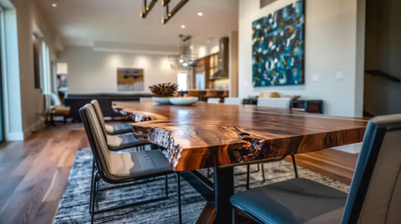 Close-up of a live edge dining table with metal and acrylic chairs