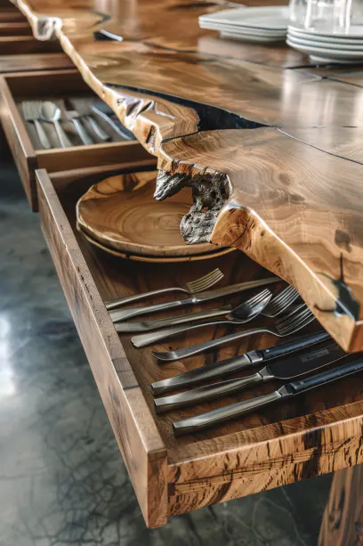 Close-up of a live-edge oak dining table and benches with storage showcasing rich textures and details