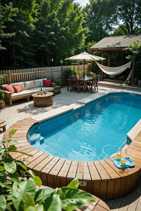 Close-up of a poolside seating area with a cushioned chair, vibrant pillows, and a side table holding a drink and a magazine, set against the backdrop of shimmering pool water and greenery-