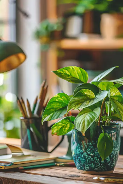 Close-up of home office desk with Pothos plant and decor items