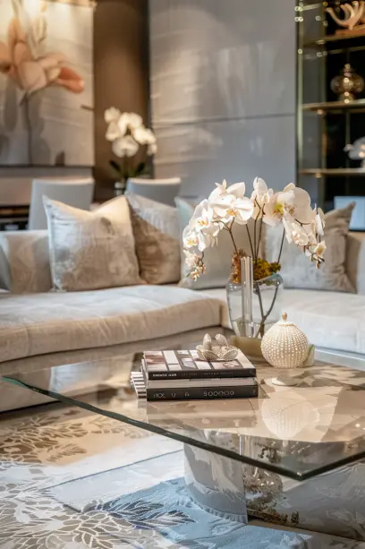 Close-up of smudge-resistant glass tabletop in a modern living space.