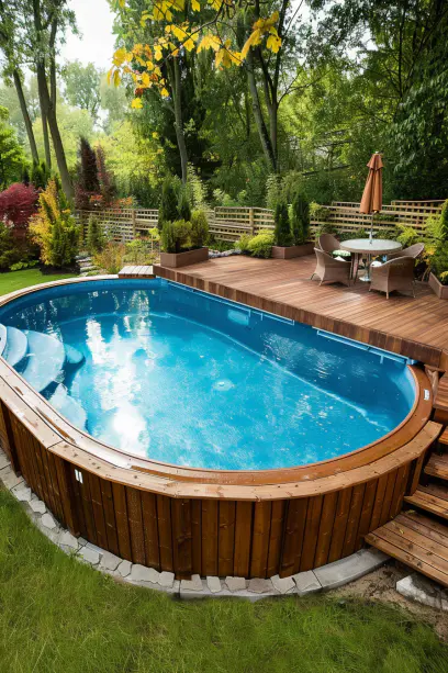 Close-up view of the multi-level deck next to an above-ground pool, showcasing detailed textures of wood and neatly organized storage compartments