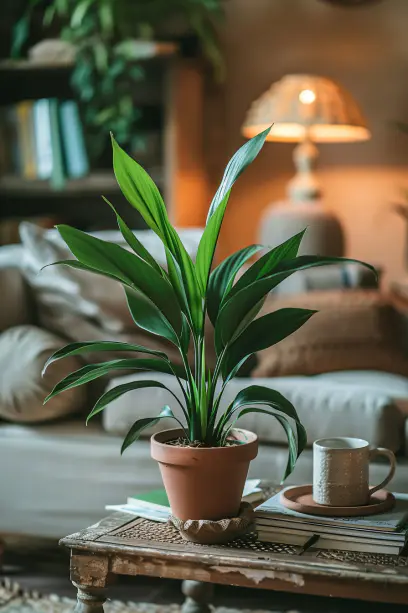 Cozy dim-lit living room with Cast Iron Plant, vintage books, ceramic mug, textured sofa, and elegant indoor decor