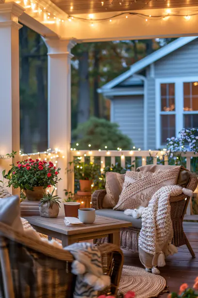 Cozy front porch nook with plush throws and pillows.
