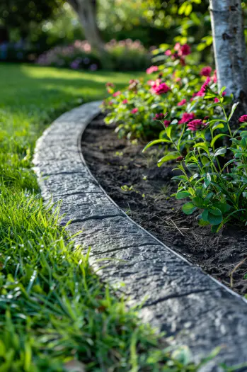 Decorative concrete edging in a garden corner, featuring intricate curves and stained with terracotta and warm beige, accompanied by pebbles and vibrant flower bed