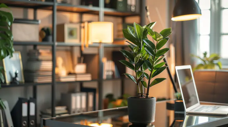 Elegant home office with ZZ Plant and modern decor