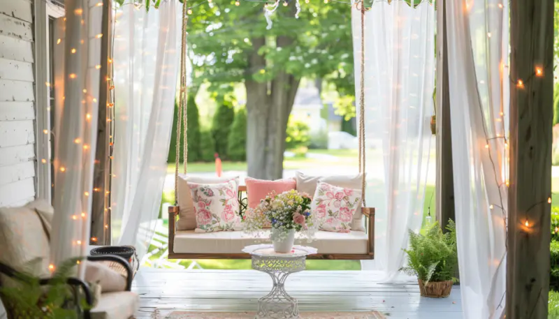 Farmhouse front porch with sheer white curtains, a swinging bench, and string lights