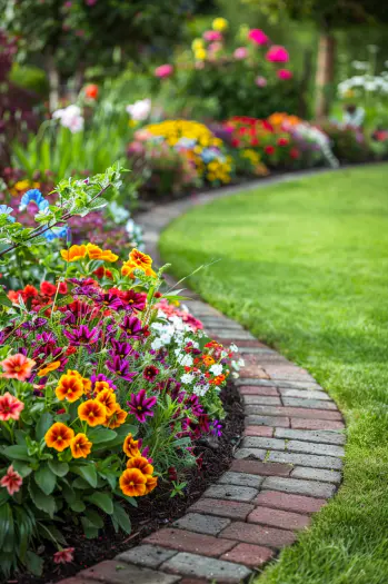 Garden with Basketweave Brick Edging.