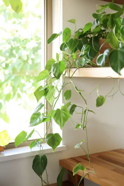 Heartleaf Philodendron, Modern Kitchen, Morning Light, Wooden Shelf