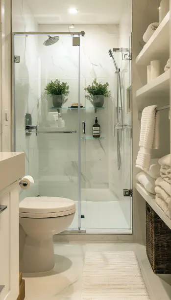 Japandi bathroom, floating vanity, round mirror, neutral palette, small space