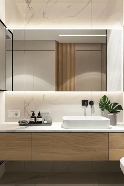 Japandi bathroom, small space, large mirror, hidden cabinets