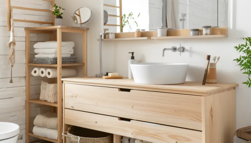 Japandi bathroom, small space, light wooden tones, minimalist design.