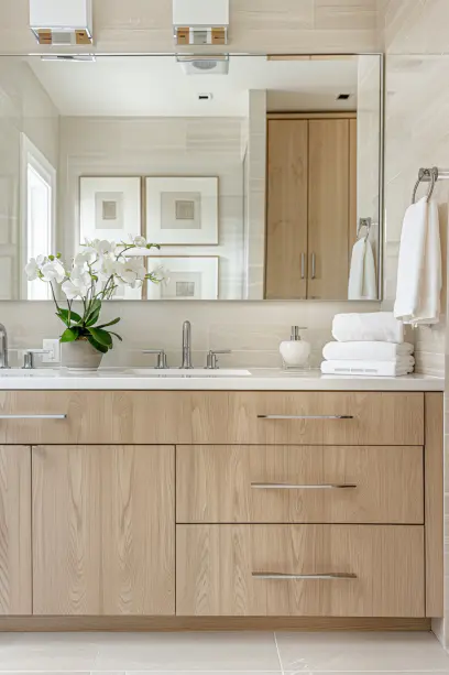 Japandi bathroom, small space, light wooden tones, minimalist design...