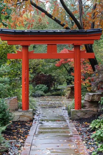 Japanese garden, Torii gate pathway, serene, greenery.