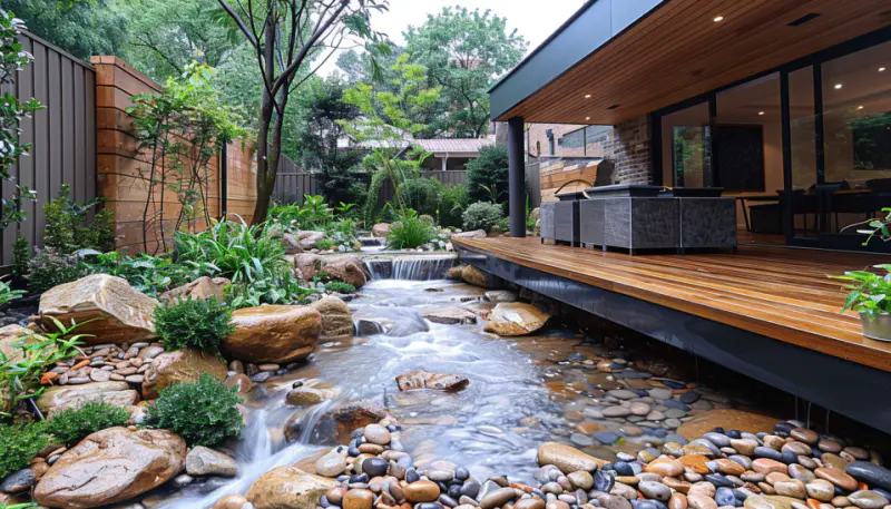 Japanese garden, winding stream, flowing water, river pebbles, footbridges...