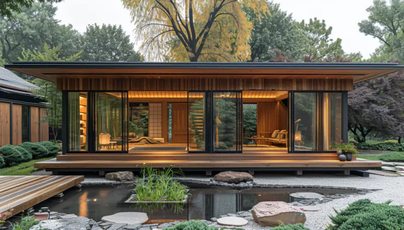 Japanese tea house, wooden structure, tatami mats, medicinal plants, water feature.