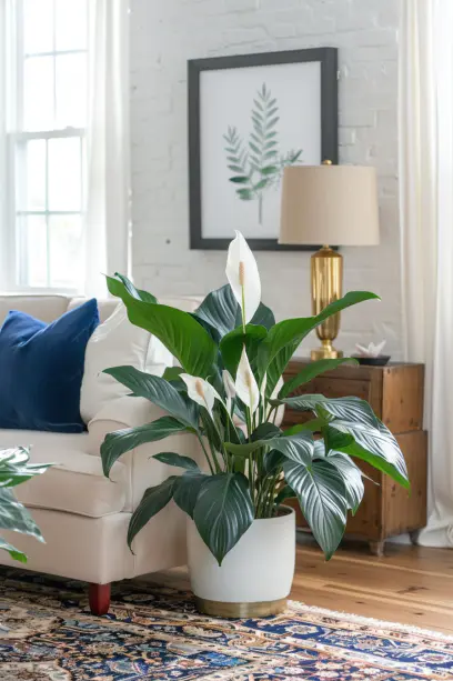 Lily in a cozy living room with modern beige sofa, navy and gold pillows, white brick wall, rustic wooden side table with golden lamp, Persian rug, and botanical artwork