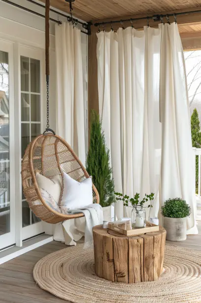 Modern front porch with minimalist design, neutral-toned curtains, and a hanging egg chair