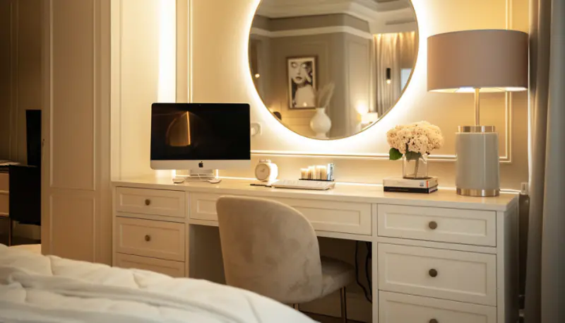 Multi-purpose desk Vanity and computer desk Functional furniture in small room...
