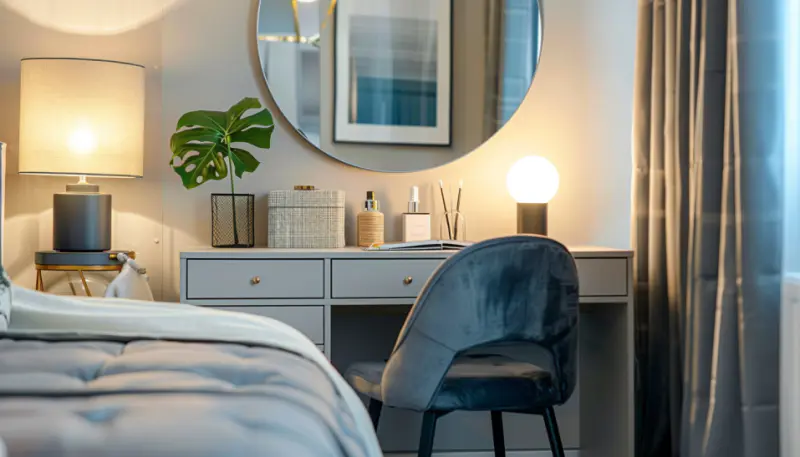 Multi-purpose desk Vanity and computer desk Functional furniture in small room..