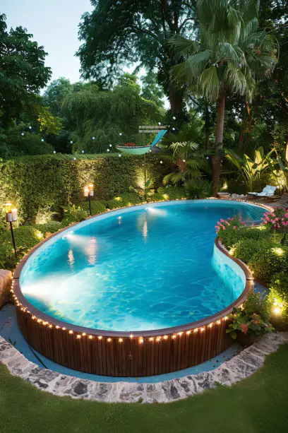Nighttime aerial view of a brightly lit swimming pool with decorations and landscaping