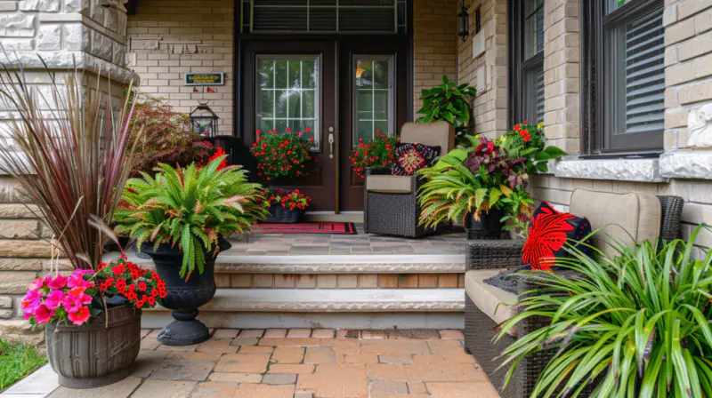 Panoramic view of a creatively styled and inviting front porch-