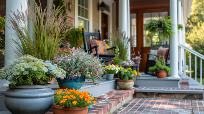 Panoramic view of a creatively styled and inviting front porch