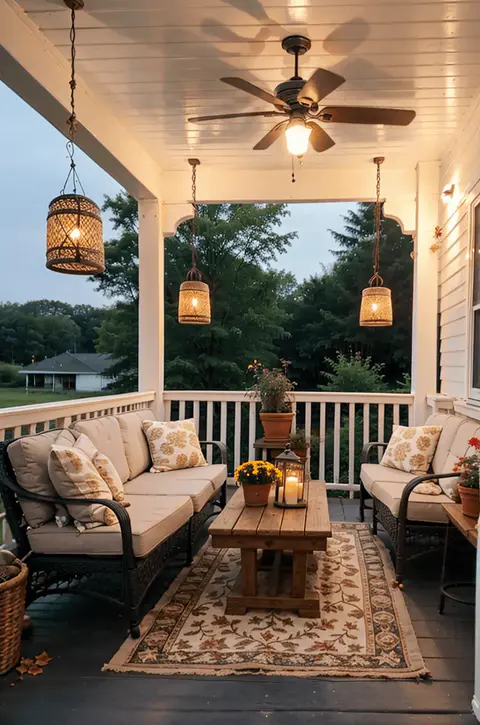 Panoramic view of a front porch with various seating, decorative lighting, and cozy ambiance