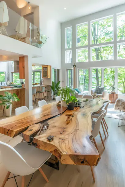 Panoramic view of open-concept dining and living area with a custom live edge dining table, stylish chairs, modern decor, and natural elements.