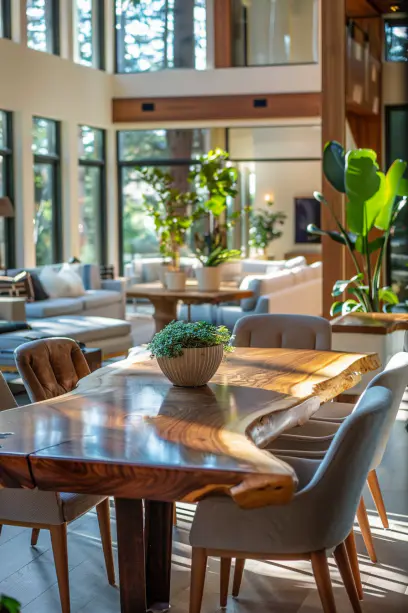 Panoramic view of open-concept dining and living area with a custom live edge dining table, stylish chairs, modern decor, and natural elements
