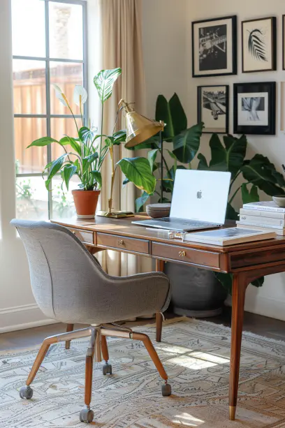 Peace Lily in a stylish home office with mid-century modern walnut desk, vintage brass desk lamp, gray ergonomic office chair, gallery wall of black and white photos, and light beige curtain
