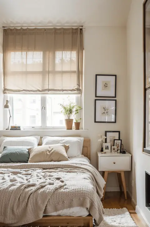 Scandinavian bedroom, small space, white and cream, minimalist design, natural lighting......