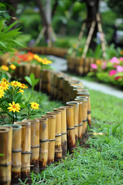 Serene garden with bamboo borders, showcasing sustainable and renewable gardening practices