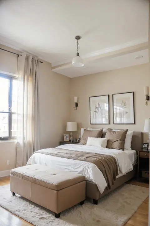 Small Bedroom, Storage Ottoman, Cozy, Functional, Modern Decor, Efficient Space Use