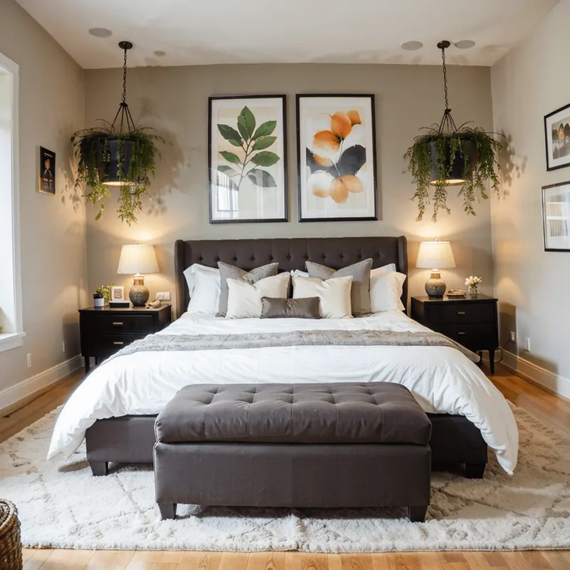 Small Bedroom, Storage Ottoman, Cozy, Functional, Modern Decor, Efficient Space Use.
