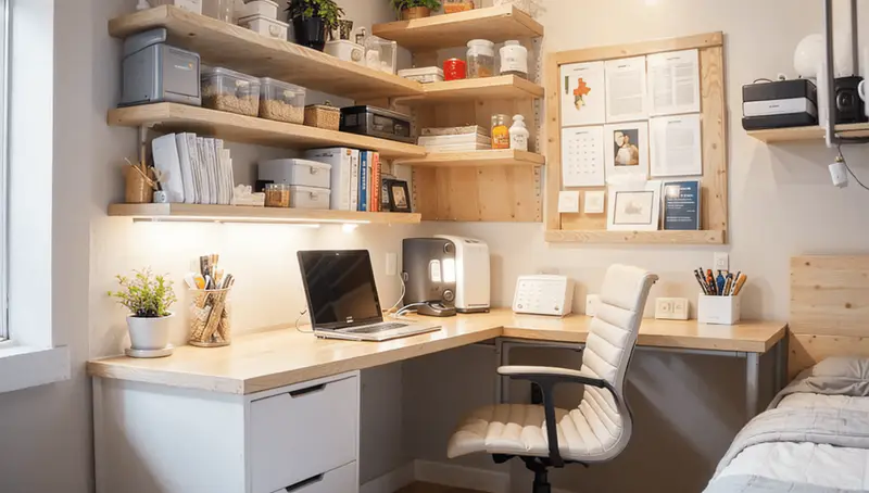 Small bedroom organization, corner workstation, L-shaped desk, vertical shelving, bulletin board, cozy workspace, efficient bedroom layout.