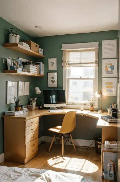 Small bedroom organization, corner workstation, L-shaped desk, vertical shelving, bulletin board, cozy workspace, efficient bedroom layout