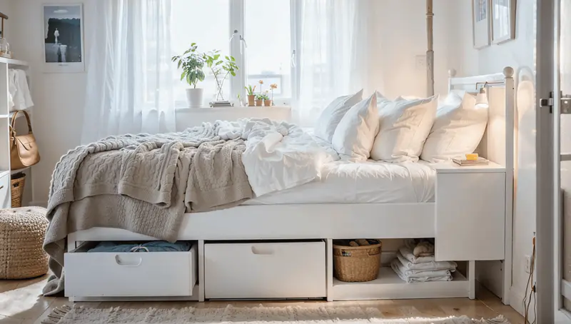 Small bedroom, under-bed storage, space-saving furniture, minimalist decor, light-filled room, organized space.