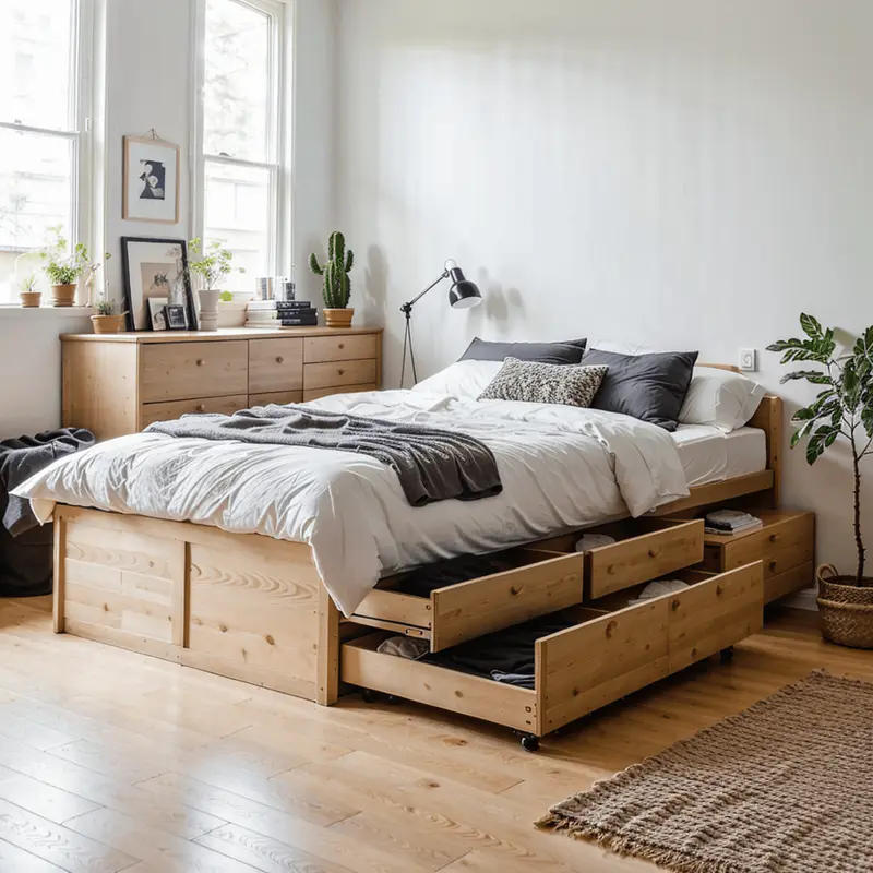 Small bedroom, under-bed storage, space-saving furniture, minimalist decor, light-filled room, organized space......