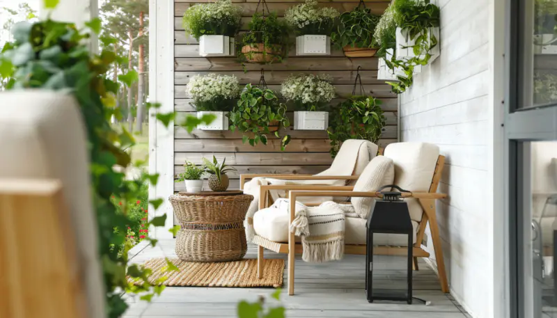 Small porch with vertical and hanging planters, modern seating, and wrought iron lantern lighting amid minimalist décor-