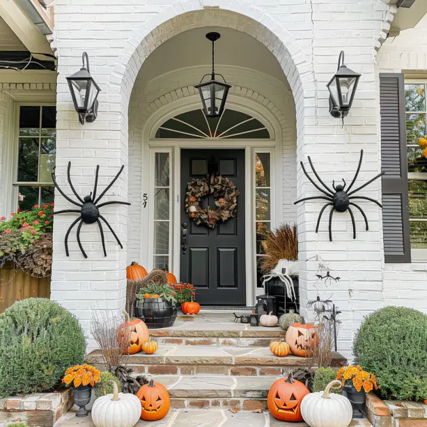 Urban front porch with modern furniture, pumpkins, fall wreath, and string lights creating a cozy ambiance for autumn