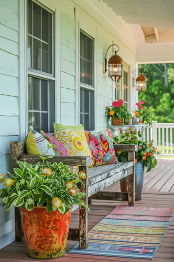 Vibrant and inviting front porch with colorful planters, cushions, and accessories creating a warm and welcoming atmosphere.
