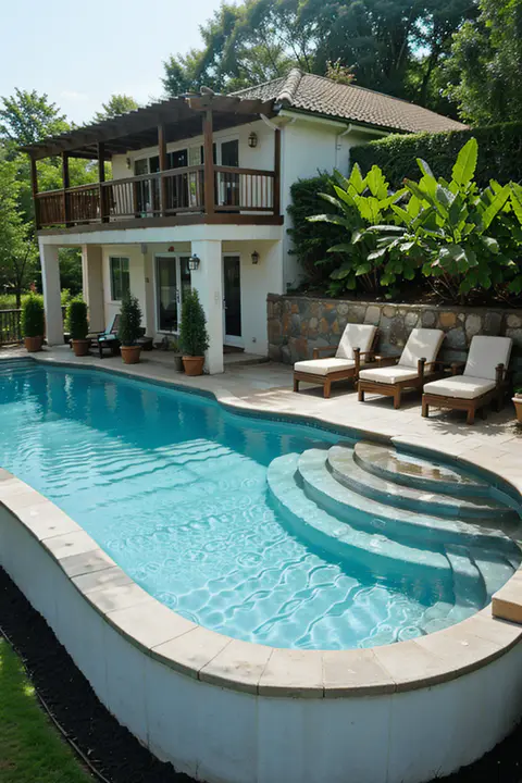 Wide shot of a backyard poolside seating area with cushioned chairs, loungers, a hammock, side tables, outdoor rugs, and vibrant pillows surrounded by greenery and flowers