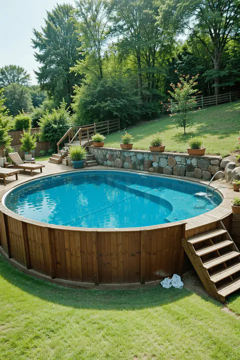 Wide shot of a multi-level deck surrounding an above-ground pool, featuring distinct zones for relaxation, dining, and sunbathing