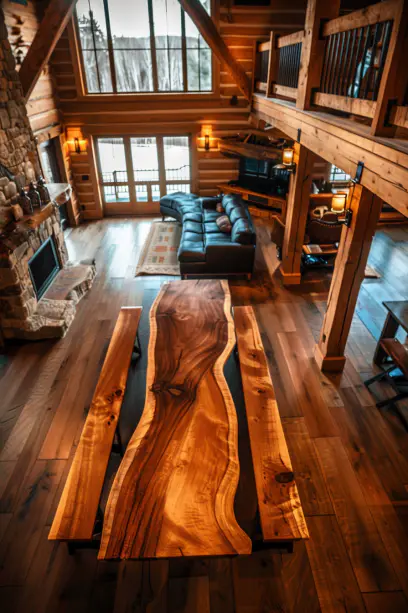 Wide shot of a rustic dining area with a live edge dining table and bench seating, featuring farmhouse decor